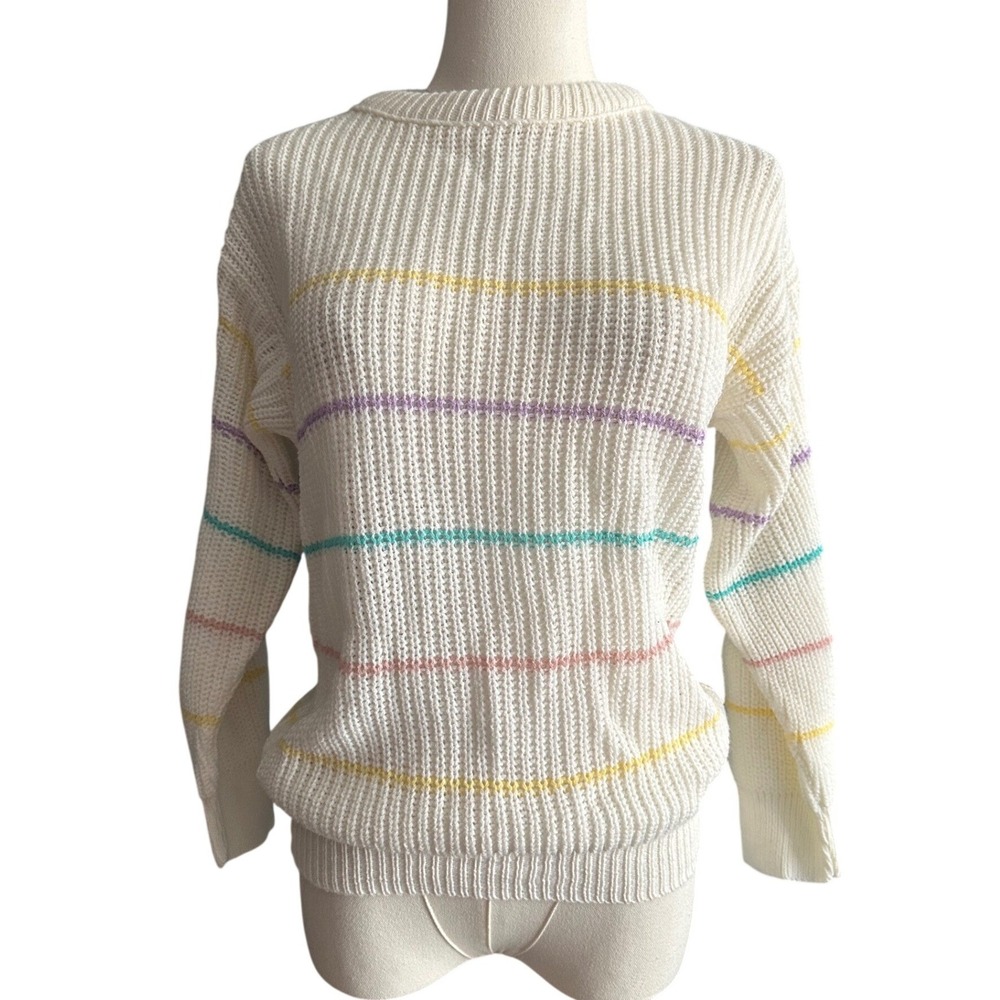 Vintage 80s Beaucoup Pastel Striped Ribbed Knit Sweater Cream Small Medium